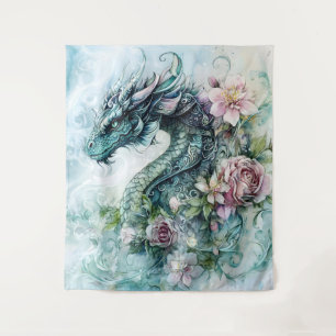 Tapiz Arte de fantasía de dragón floral encantador 