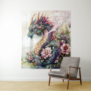 Tapiz Arte de fantasía de dragón floral majestuoso 