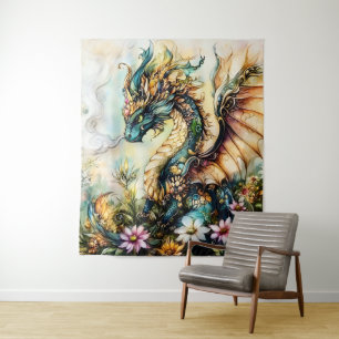 Tapiz Arte de fantasía del dragón floral majestuoso
