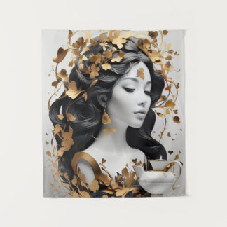Tapiz Arte de fantasía moderna en negro y dorado 