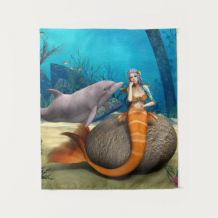 Tapiz Arte de Fantasía Subacuática de Sirena Delfín Soña