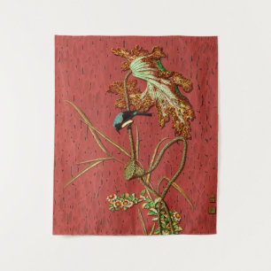 Tapiz Arte de Loto de Pájaro Japonés Rojo Antiguo G.A. A
