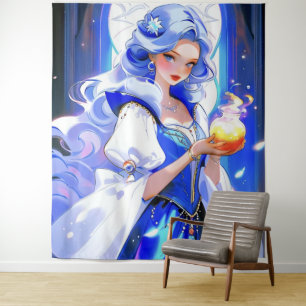 Tapiz Arte de pared de Halloween de bruja azul sostenien