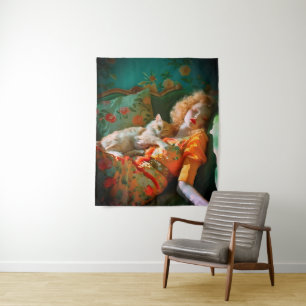 Tapiz Arte de Pared de Mujer y Gato Vintage – Floral Rom
