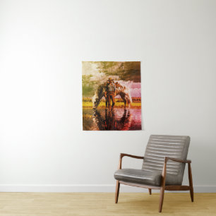 Tapiz Arte de pared de reflexión de vaquero y caballo –