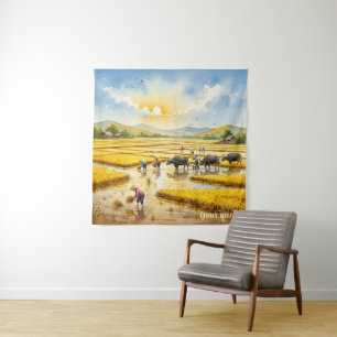 Tapiz Arte de Pared del Pueblo de la Cosecha de Arroz