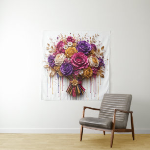 Tapiz Arte de Rosa Lujosa con Goteos Dorados y Coloridos