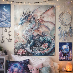 Tapiz Arte Floral del Dragón Azul Místico