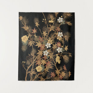 Tapiz Arte Floral Otoñal de Negro Dorado Japonés Vintage