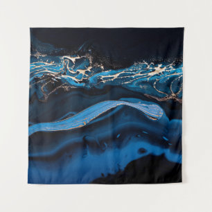 Tapiz Arte fluido. Oro metálico líquido en azul abstract