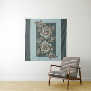 Tapiz Arte fractal abstracto beige azul claro espirales