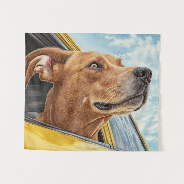 Tapiz Arte impreso de perro feliz en coche amarillo (Anverso (horizontal))