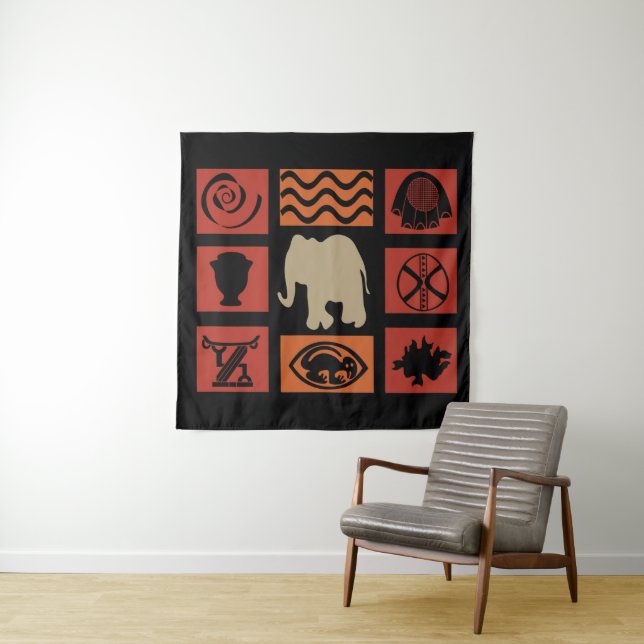 Tapiz Arte moderno abstracto africano de símbolos y elef (In situ)