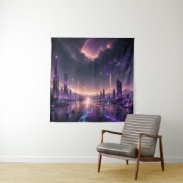 Tapiz Arte mural de ciudad futurista morada Fantasía Osc