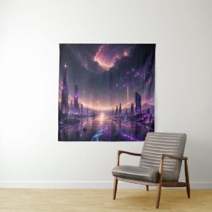 Tapiz Arte mural de ciudad futurista morada Fantasía Osc