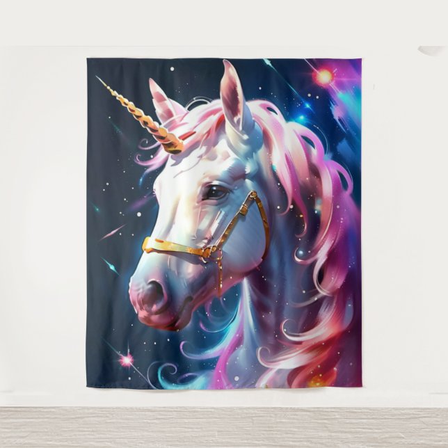 Tapiz Arte mural de Unicornio rosa arcoiris (Anverso)