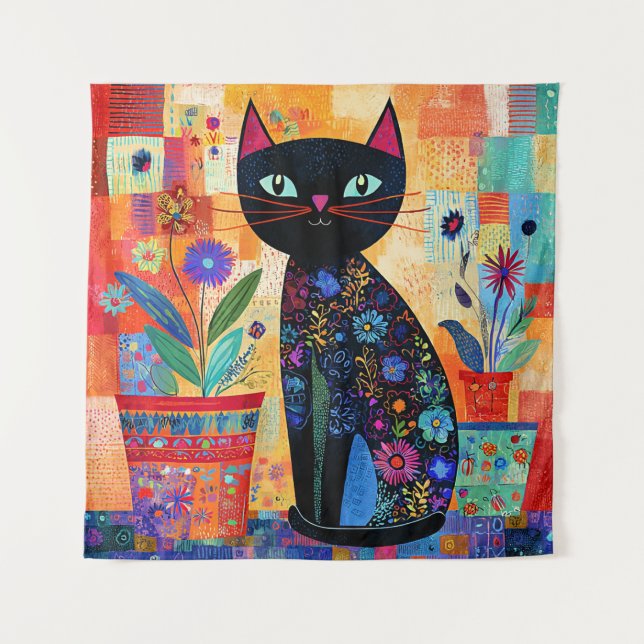 Tapiz Arte popular de gato negro (Anverso)