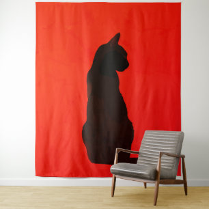 Tapiz Arte Rojo Moderno Silueta de Gato Negro Minimalist