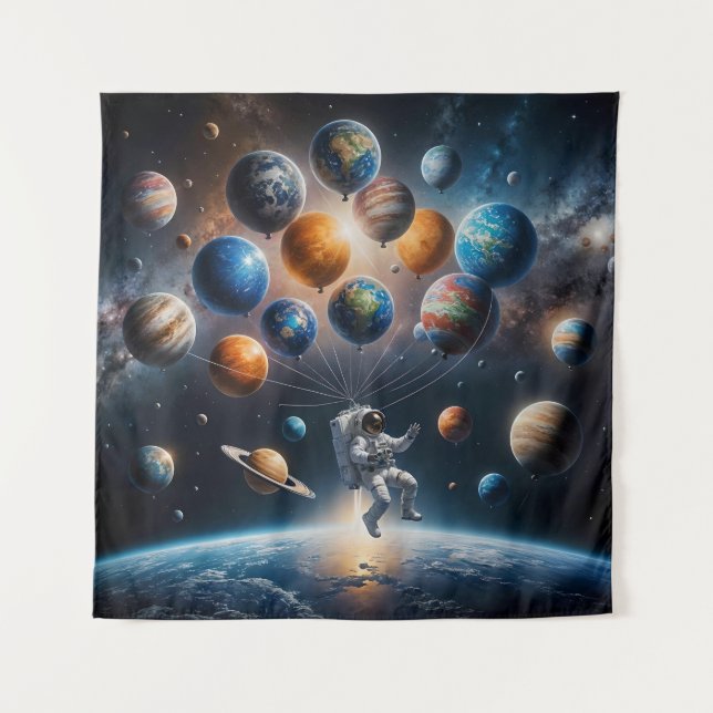 Tapiz Astronauta flotando con globos planetarios (Anverso)