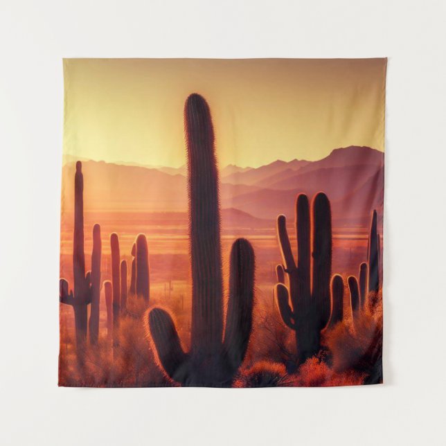 Tapiz Atardecer de cactus del desierto de Arizona (Anverso)