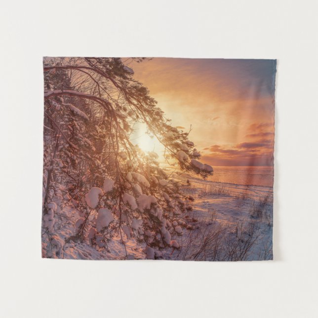 Tapiz Atardecer sobre el mar y el pino nevado (Anverso (horizontal))