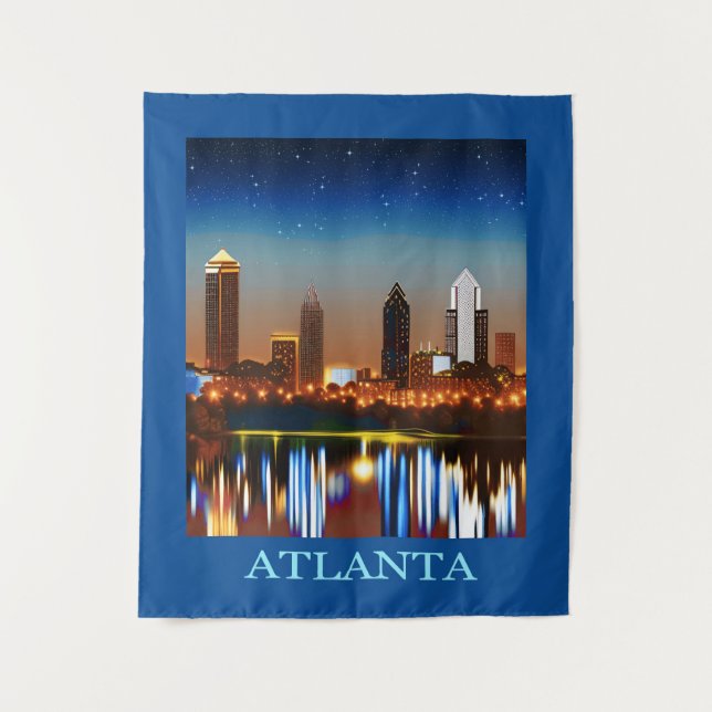 Tapiz Atlanta Skyline por noche con reflexiones (Anverso)