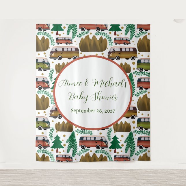 Tapiz Aventura: Camper Neutral Baby Shower (Anverso)