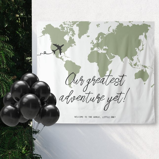 Tapiz Aventura empieza Mapa Mundial Baby Shower Sage Gre (Our greatest adventure yet, baby shower travel themed backdrop)