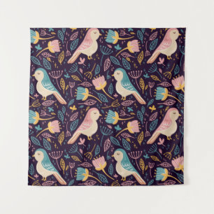 Tapiz Aves azules y rosas con flores y hojas en Dar