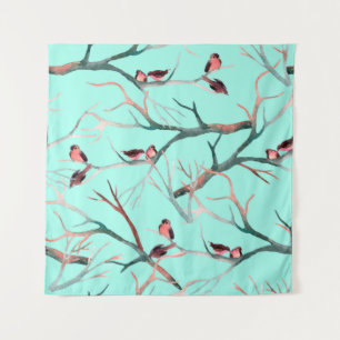 Tapiz Aves en las ramas de los árboles acuarela pintadas
