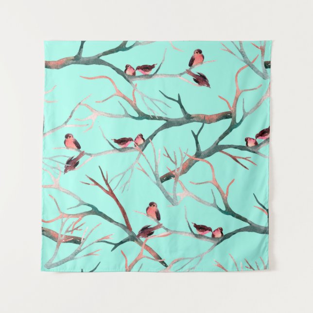 Tapiz Aves en las ramas de los árboles acuarela pintadas (Anverso)