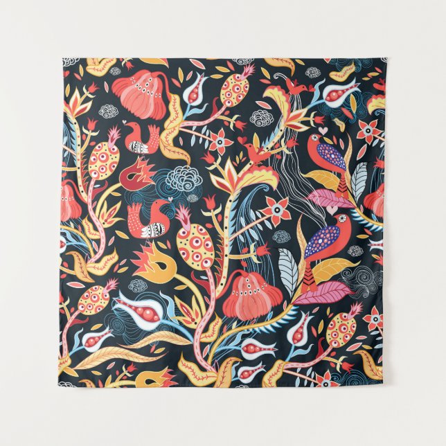 Tapiz Aves Florales Oscuras: Patrón Ornamental. (Anverso)