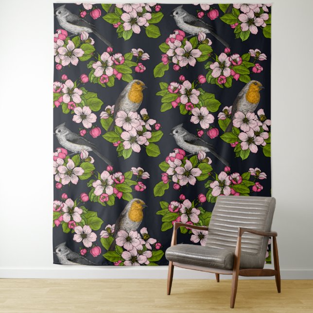 Tapiz Aves y flores en negro (In situ)