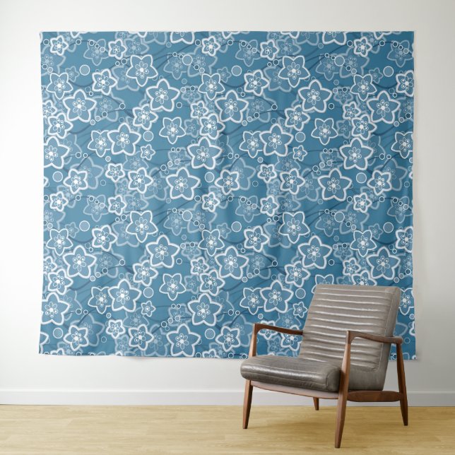 Tapiz azul con blanco, azul, flores, floral, rústico, fa (In situ (horizontal))