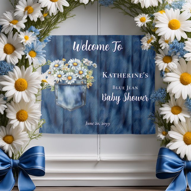 Tapiz Azul de mezclilla | Telón de fondo de fiesta de be (Blue Jean Pocket Denim and Daisies Baby Shower Backdrop)