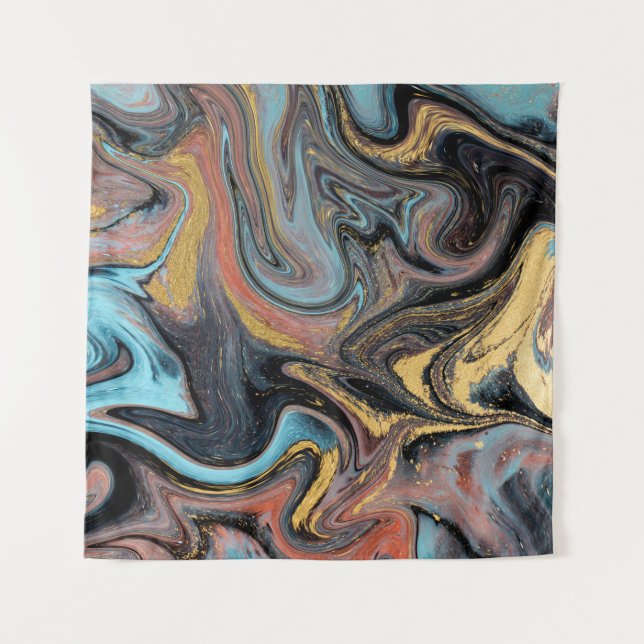 Tapiz Azul natural y verde mármoles con purpurina dorado (Anverso)