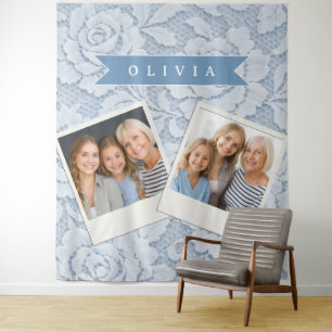 Tapiz Azul Personalizado de Encaje Floral Elegante Román