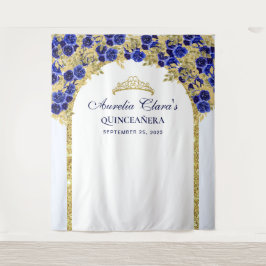 Tapiz Azul Real Floral Princesa Arco Dorado Quinceañera