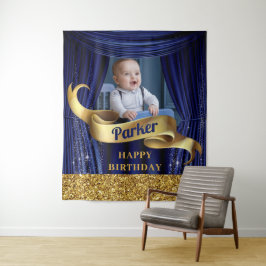 Tapiz Azul Real Oro Príncipe Feliz Cumpleaños