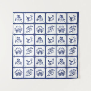 Tapiz Azulejo Floral y Pájaro Clásico Delft Azul Holandé