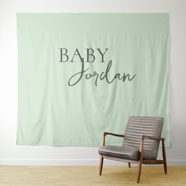 Tapiz Baby Shower, apellido del Personalizado gris verde (In situ (horizontal))