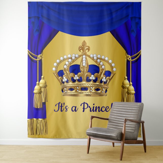 Tapiz Baby Shower de Blue Gold Prince Crown (In situ)