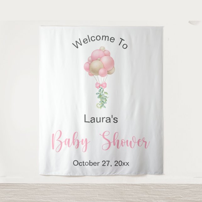 Tapiz Baby Shower de globos rosados (Anverso)