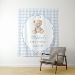 Tapiz Baby Shower de Oso Teddy de Gingham Azul