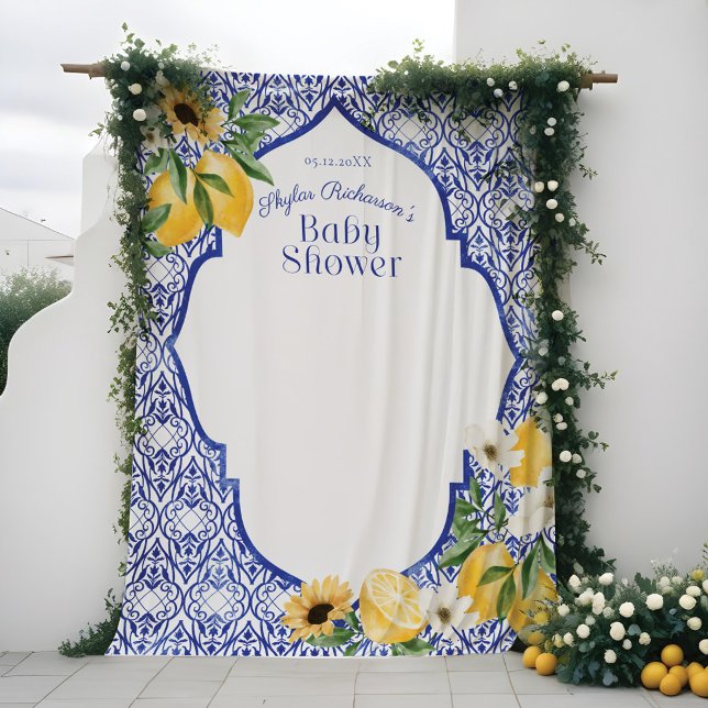 Tapiz Baby Shower de patrón de alfarería azul antiguo (Lemons & Antique Blue Pottery Pattern Baby Shower Tapestry)