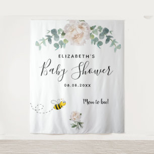 Tapiz Baby Shower eucalipto flores blancas mamá abeja