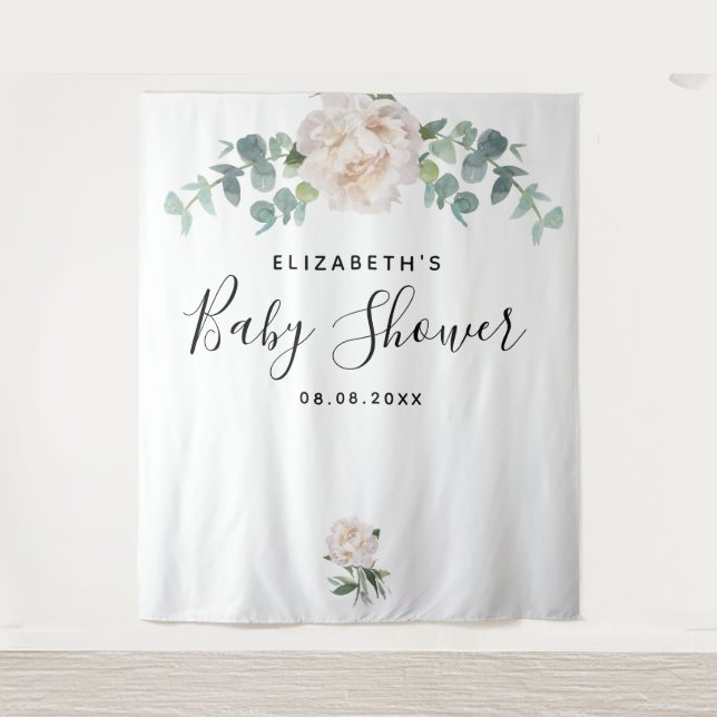 Tapiz Baby Shower eucalipto verde blanco elegante (Anverso)