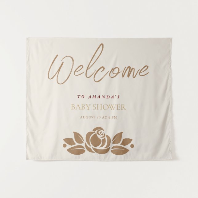 Tapiz Baby Shower Floral Blanco Dorado para Niña (Anverso (horizontal))