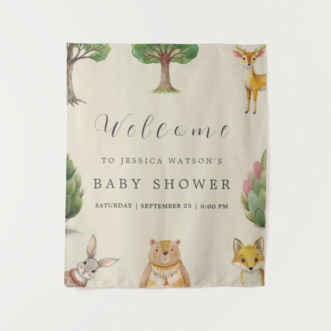 Tapiz Baby Shower Niñito Boho Animales del Bosque (Anverso)