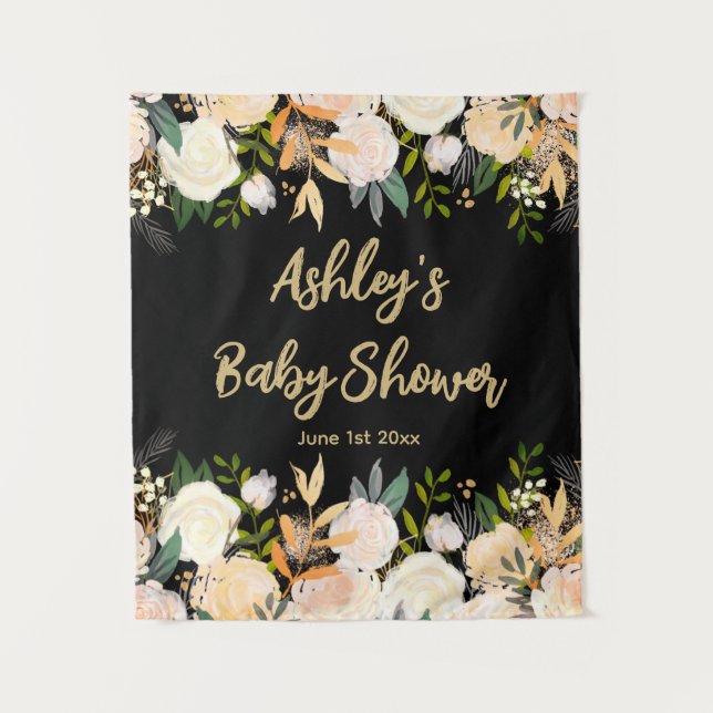 Tapiz Baby Shower Photo Booth Backdrop Floral Prop Black (Anverso)